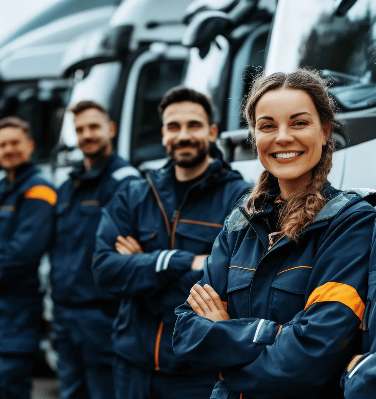 Plusieurs employés devant des camions