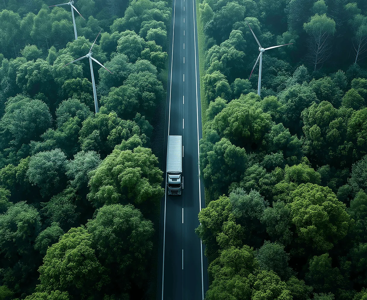 Camion roulant sur une route dans la foret, vue de haut