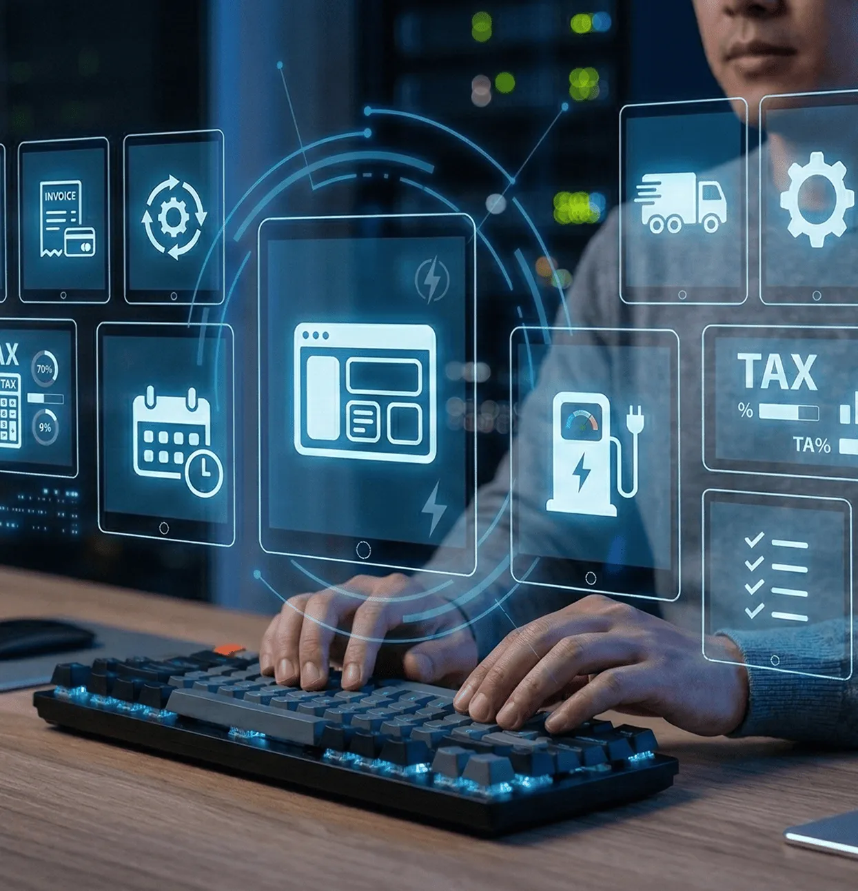 Personne en train de taper sur un clavier avec les éléments numériques/futuristes devant elle