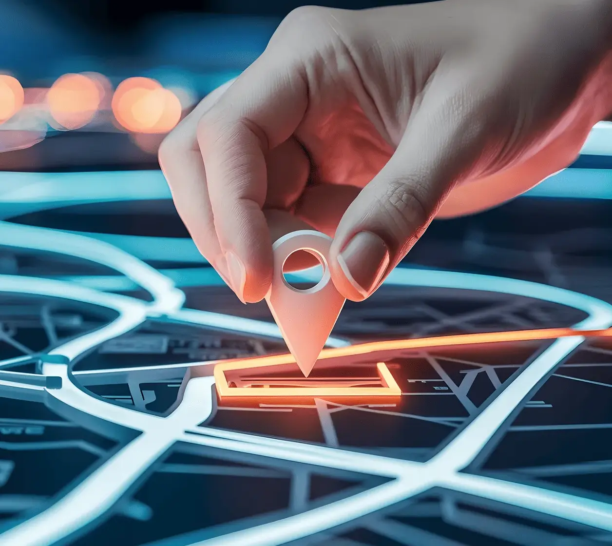 Personne en train de placer un pin sur une map futuriste