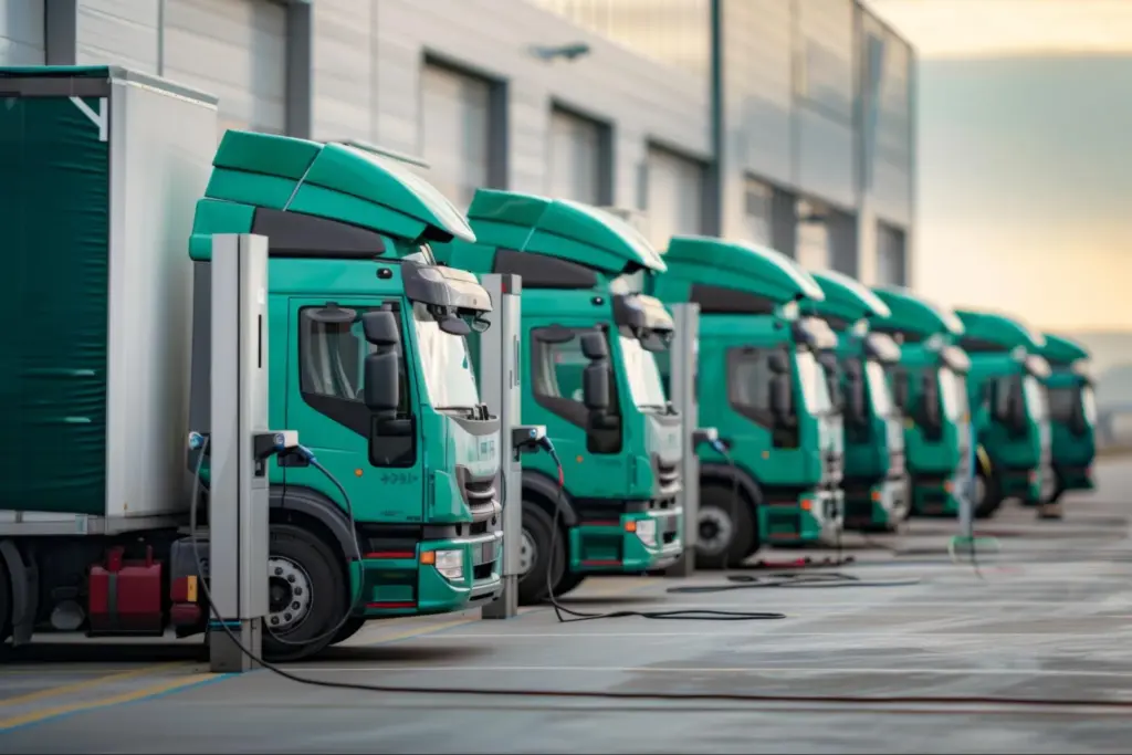 Autonomie camion electrique : flotte de camions électriques en recharge sur un site logistique