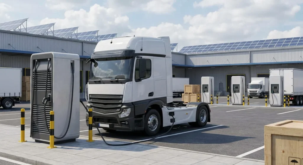 camion électrique en train de se recharger sur un site logistique équipé pour l'électricité poids lourds