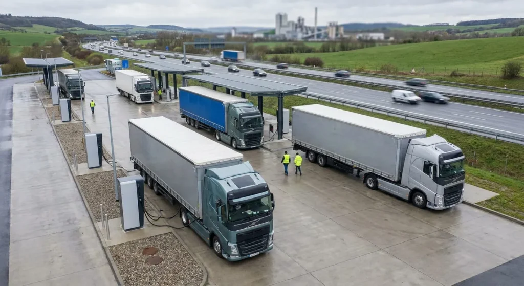 recharge camion électrique sur aire autoroutière en Europe