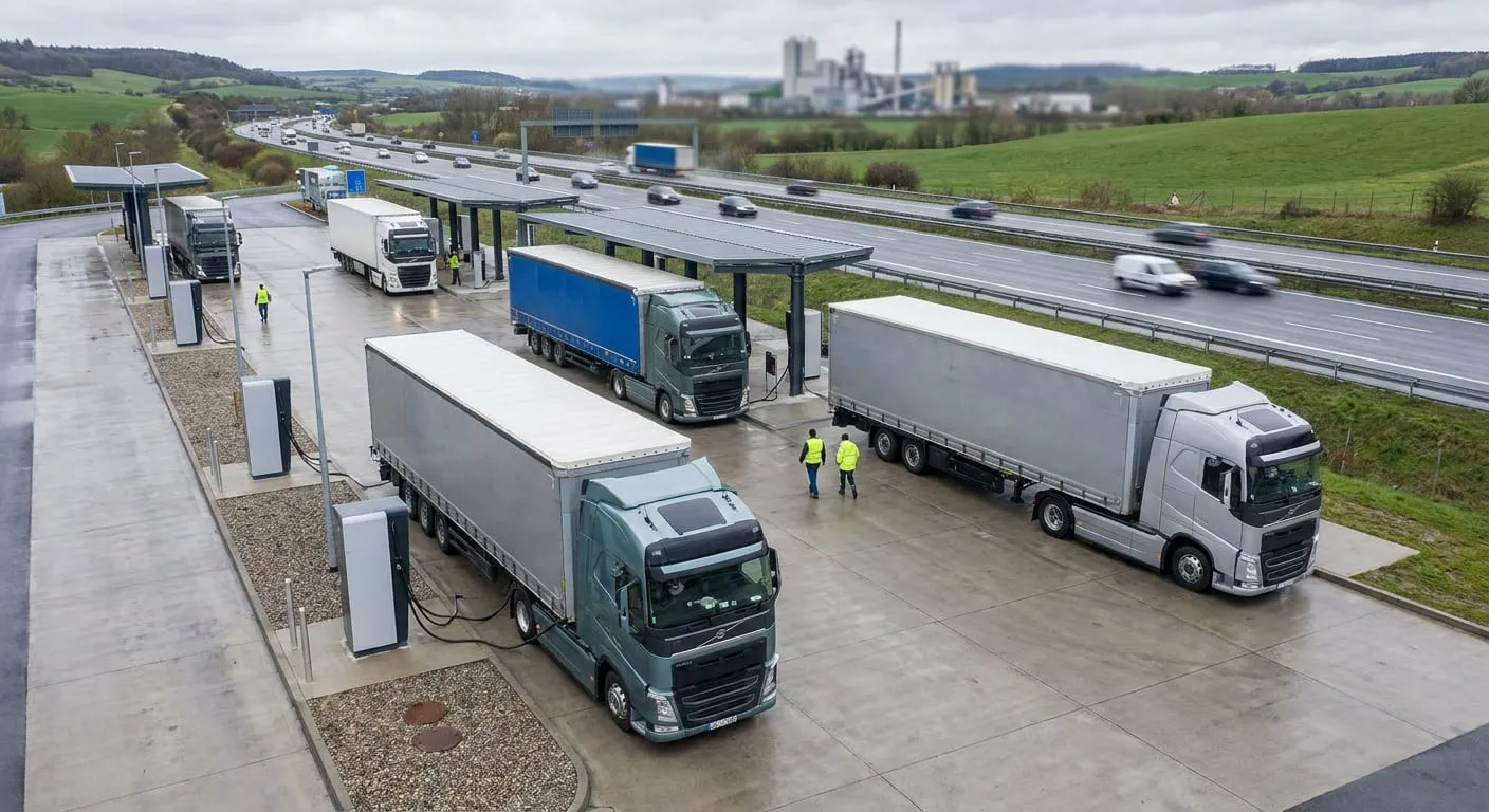 recharge camion électrique sur aire autoroutière en Europe