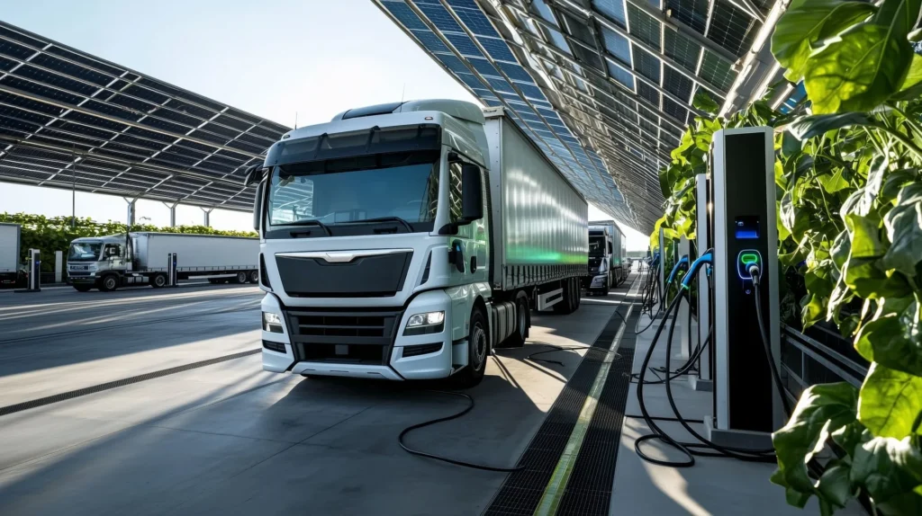 Camion électrique blanc en cours de recharge sur une station équipée de panneaux solaires, illustrant la consommation d'un camion électrique.
