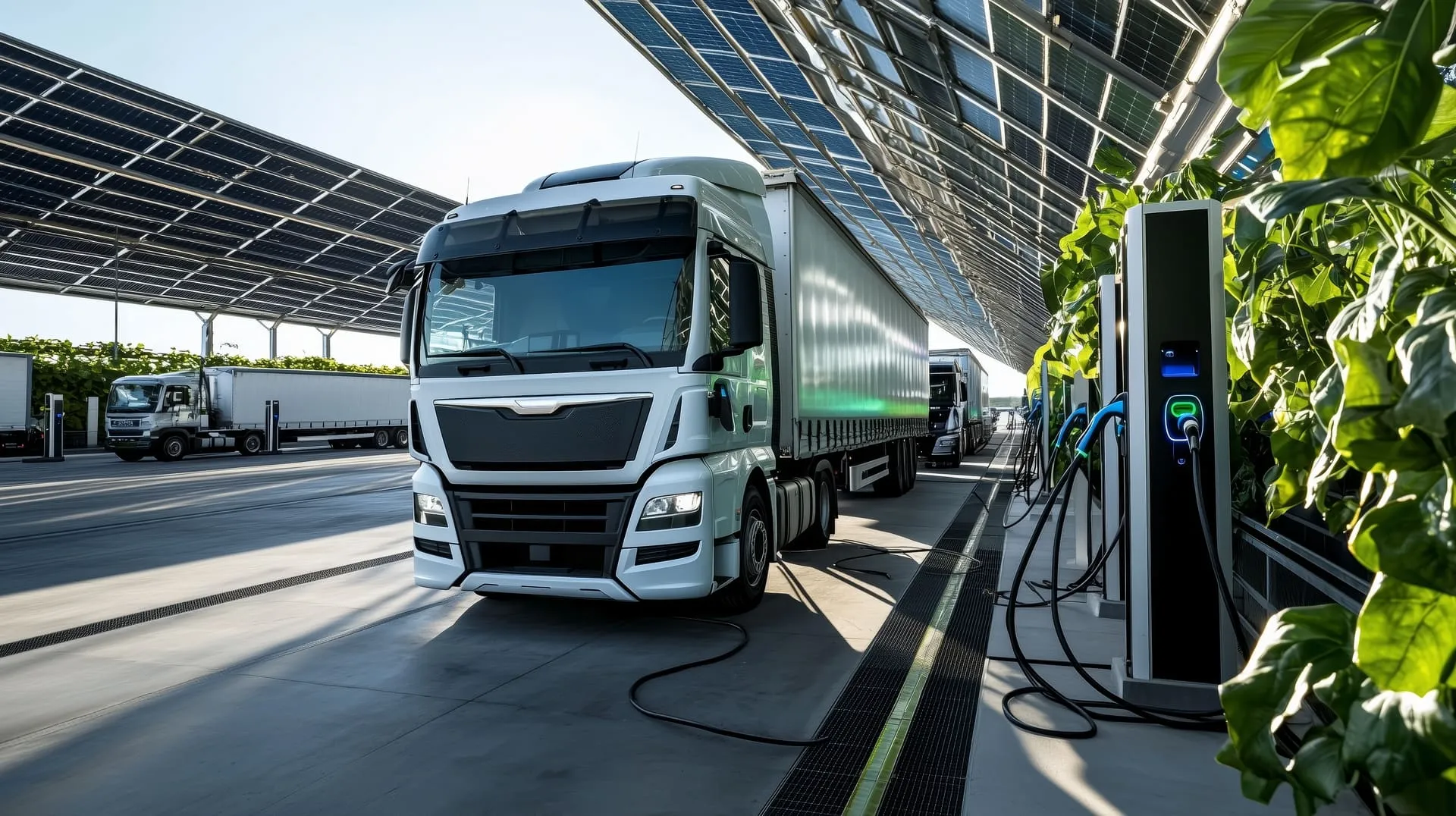 Camion électrique blanc en cours de recharge sur une station équipée de panneaux solaires, illustrant la consommation d'un camion électrique.