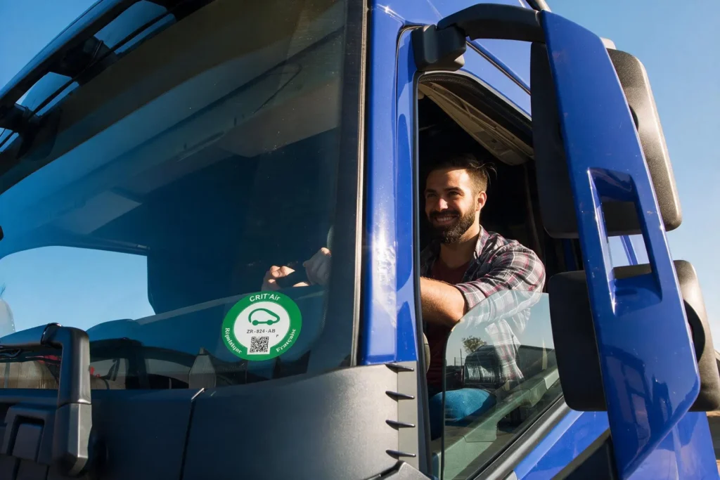 chauffeur poids lourd affichant sa vignette Crit'Air conforme à la norme pollution poids lourds