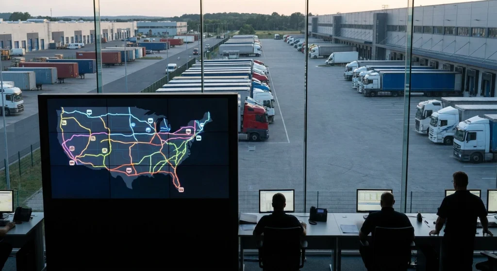 camion de transport routier illustrant l'optimisation de tournées sur un itinéraire multi-arrêts